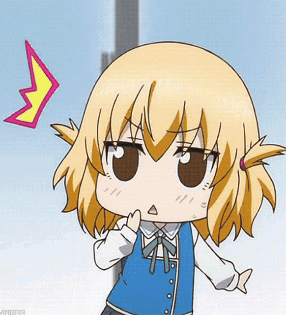 a little girl with blonde hair and brown eyes is wearing a blue vest and a white shirt .