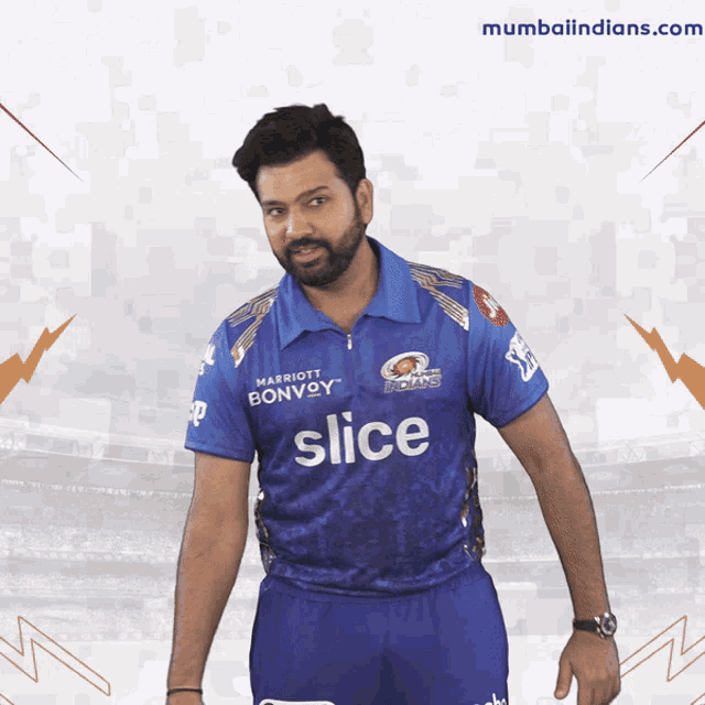a man wearing a blue shirt that says slice