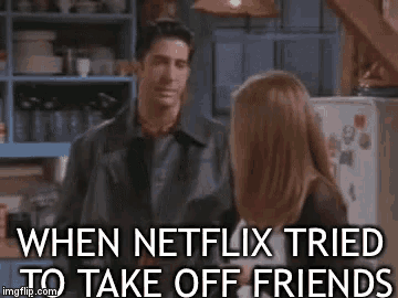 a man and a woman are talking in a kitchen with a caption that says when netflix tried to take off friends