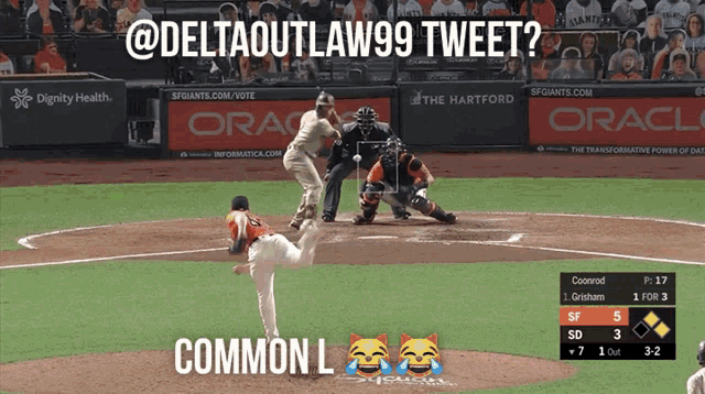 a baseball game is being played and a tweet from deltaoutlaw99 is being displayed