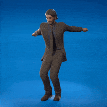 a man in a suit and tie is dancing on a blue surface