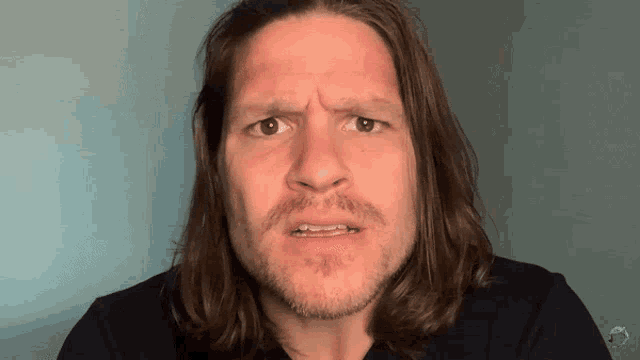 a man with long hair and a beard looks at the camera