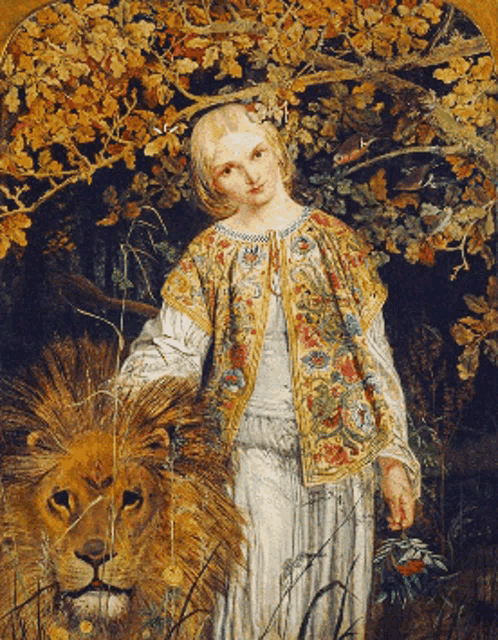 a painting of a woman holding a lion