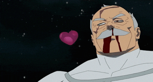 a cartoon character with blood coming out of his nose is holding a heart
