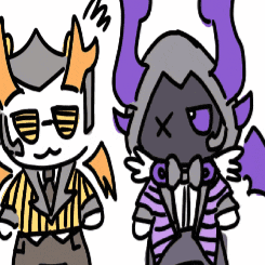 a drawing of two cartoon characters one of which has a purple horn