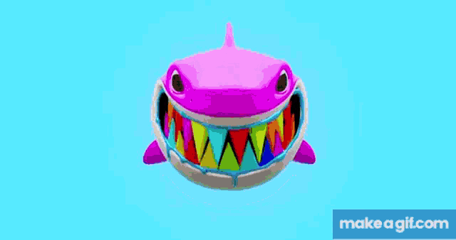 a shark with colorful teeth and a blue background