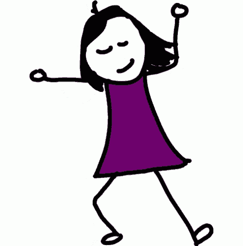 a stick figure girl in a purple dress is dancing with her eyes closed .