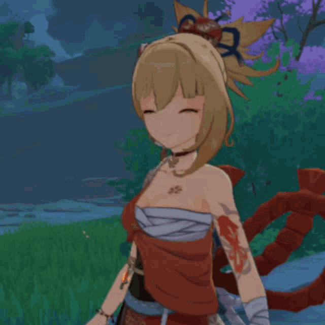 a girl with a tattoo on her arm is standing in the grass