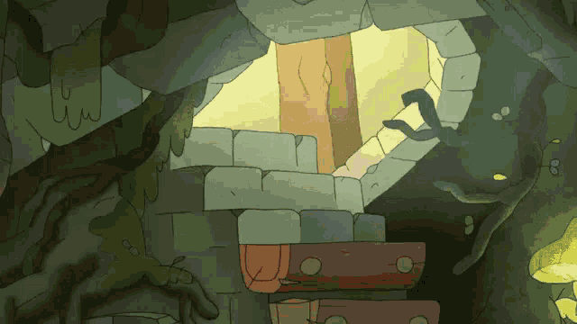 a cartoon drawing of a cave with stairs and a window