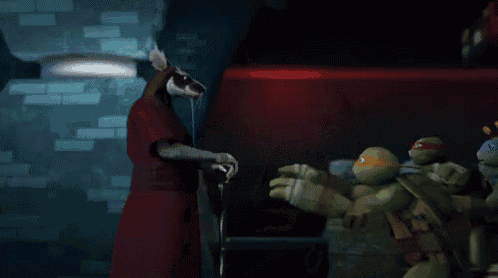a group of teenage mutant ninja turtles are fighting a giant rat