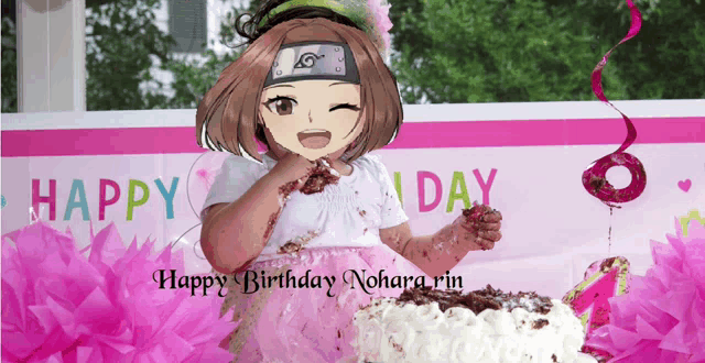 a little girl is standing in front of a happy birthday banner