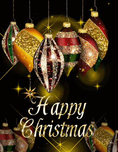 a happy christmas card with christmas ornaments hanging from strings