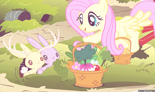 a cartoon drawing of a pony with a basket of flowers and a rabbit with antlers