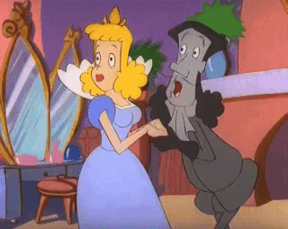 a cartoon of a woman in a blue dress standing next to a man in a black hat .