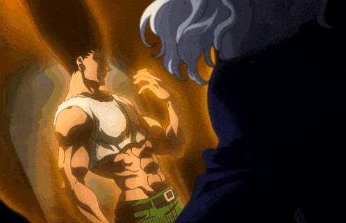 a man with a white shirt and green pants is standing next to another man with gray hair