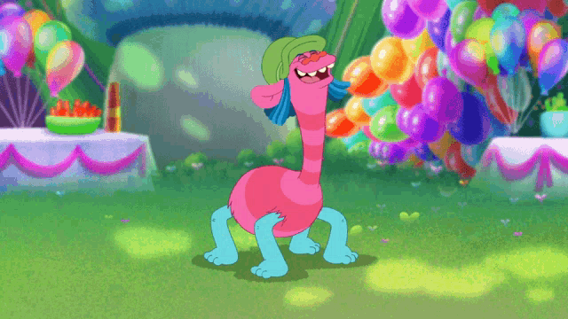 a cartoon character is standing in a field with balloons in the background