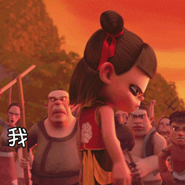a cartoon character is standing in front of a group of people with chinese characters