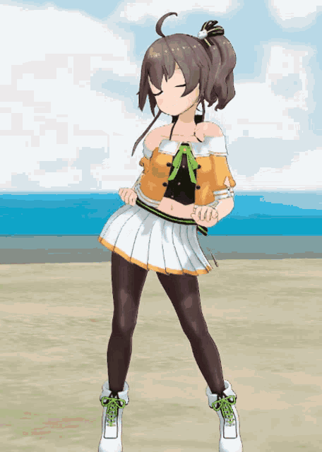 a girl with a ponytail is standing on the beach with her eyes closed