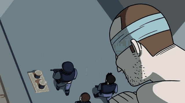 a cartoon of a man with a bandage on his head standing next to a group of men