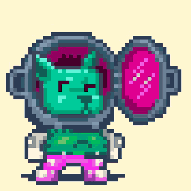 a pixel art drawing of a cat with a helmet on