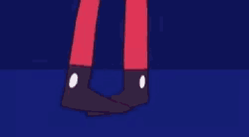 a cartoon character with a red shirt and gray pants is standing in front of a purple curtain .