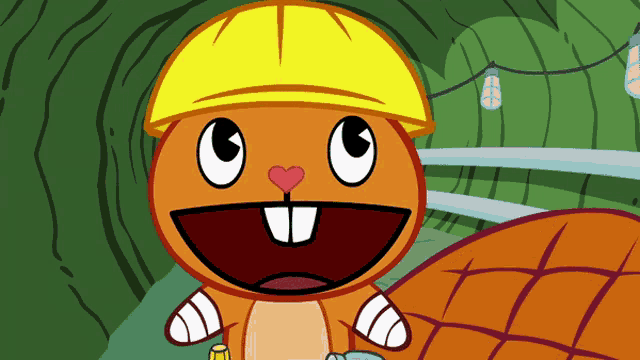 a cartoon squirrel wearing a hard hat with a heart on its nose
