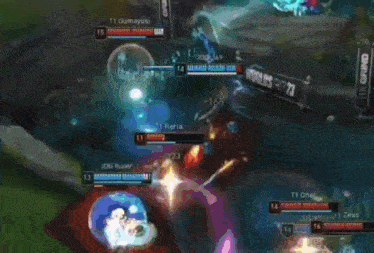a blurred image of a video game with t1 gumayuki and t1 keraa