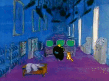 a cartoon of a man and a cat sitting in front of a computer screen that says ready .