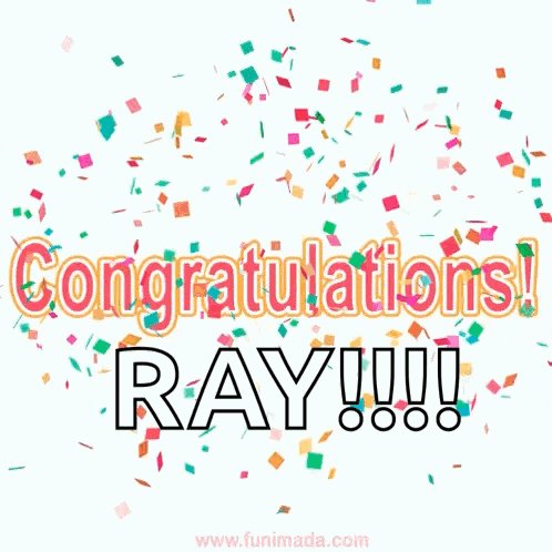 congratulations ray with confetti falling around the words