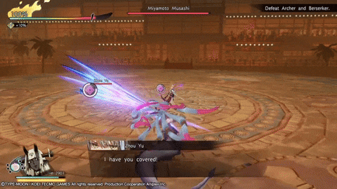 a screenshot of a video game shows shou yu fighting miyamoto musashi