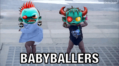 two monsters are dancing on a sidewalk with the words babyballers written below them