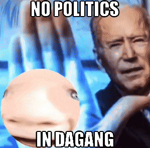 a man holding a ball with the words no politics in dagang written on it