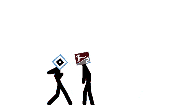 a stick figure with a blue square on his head and another stick figure with a red square on their head
