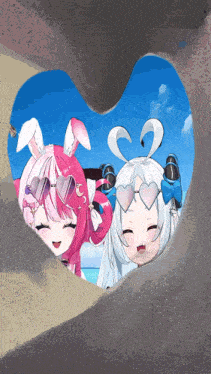 two anime girls wearing heart shaped sunglasses are in a heart shaped hole in the sand
