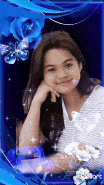 a girl in a blue frame with flowers and butterflies is smiling