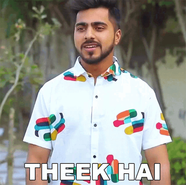 a man with a beard wearing a colorful shirt says " theek hai "