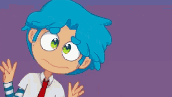 a cartoon boy with blue hair and green eyes is making a surprised face .