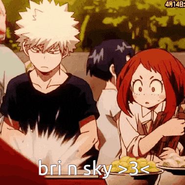 a group of anime characters are sitting around a table and one of them says brin sky 3 <