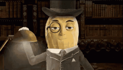 a peanut in a top hat and glasses is holding a lamp