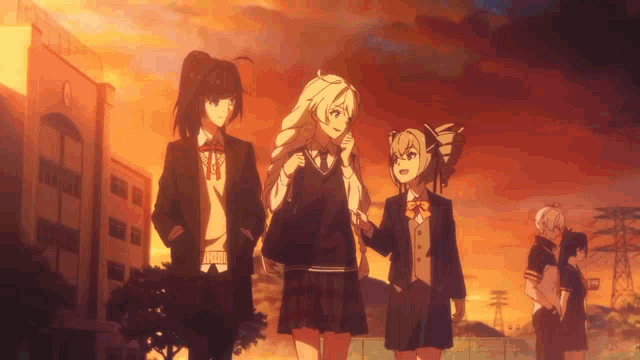 a group of anime girls are walking in front of a building with a sunset in the background