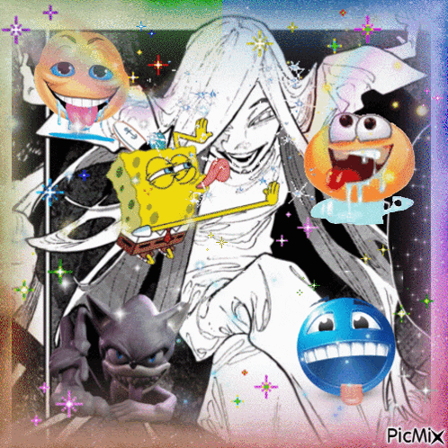 a picture of spongebob and other cartoon characters with smiley faces and a picmix watermark