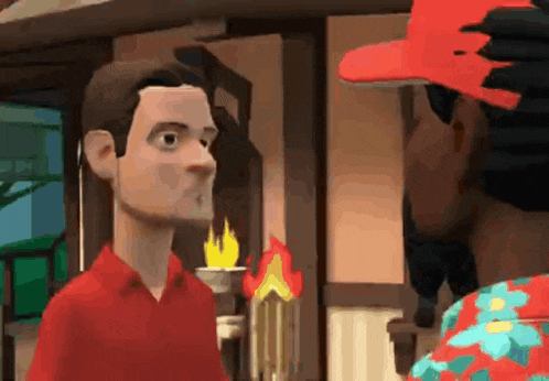 a man in a red shirt is talking to another man in a red hat ..