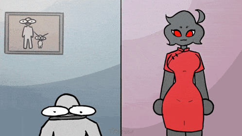 a cartoon of a woman in a red dress and a picture of a man and a cat