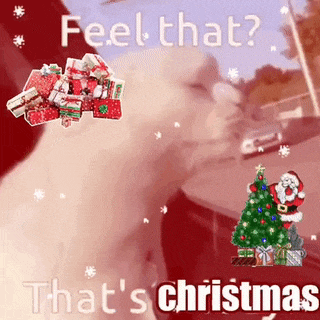a person is holding a pile of christmas presents next to a christmas tree and the words feel that that 's christmas