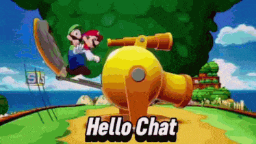 a cartoon of mario and luigi on a seesaw with the words `` hello chat '' written on it .