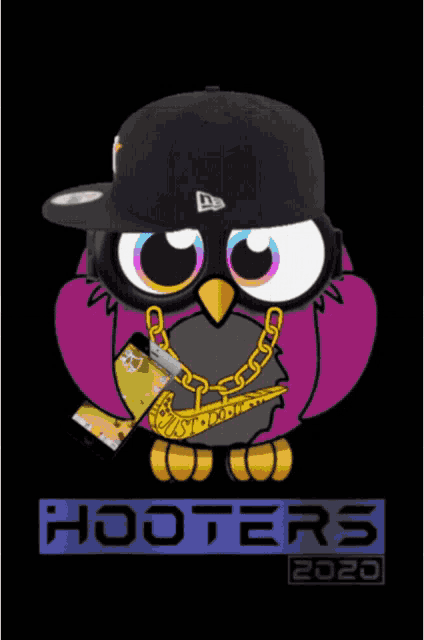 hooters a new 2020 poster with a purple owl wearing a hat
