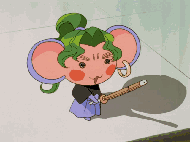 a cartoon character with big ears is holding a wooden sword