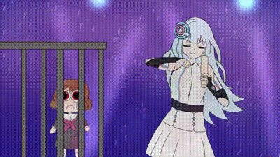 a cartoon of a girl standing next to a cage holding a bat .