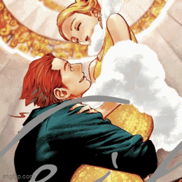 a cartoon of a man holding a woman in his arms with the letter o on the bottom right