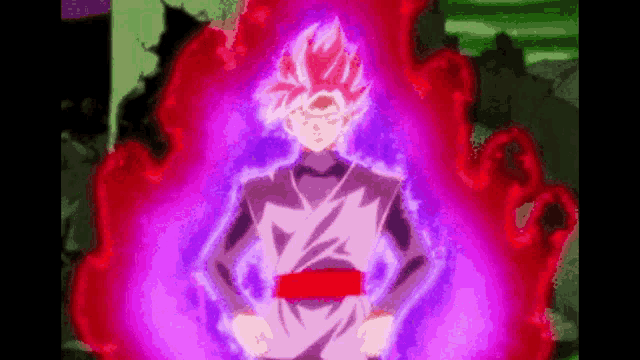 a cartoon character with pink hair and a red belt is standing in front of a purple glowing background .